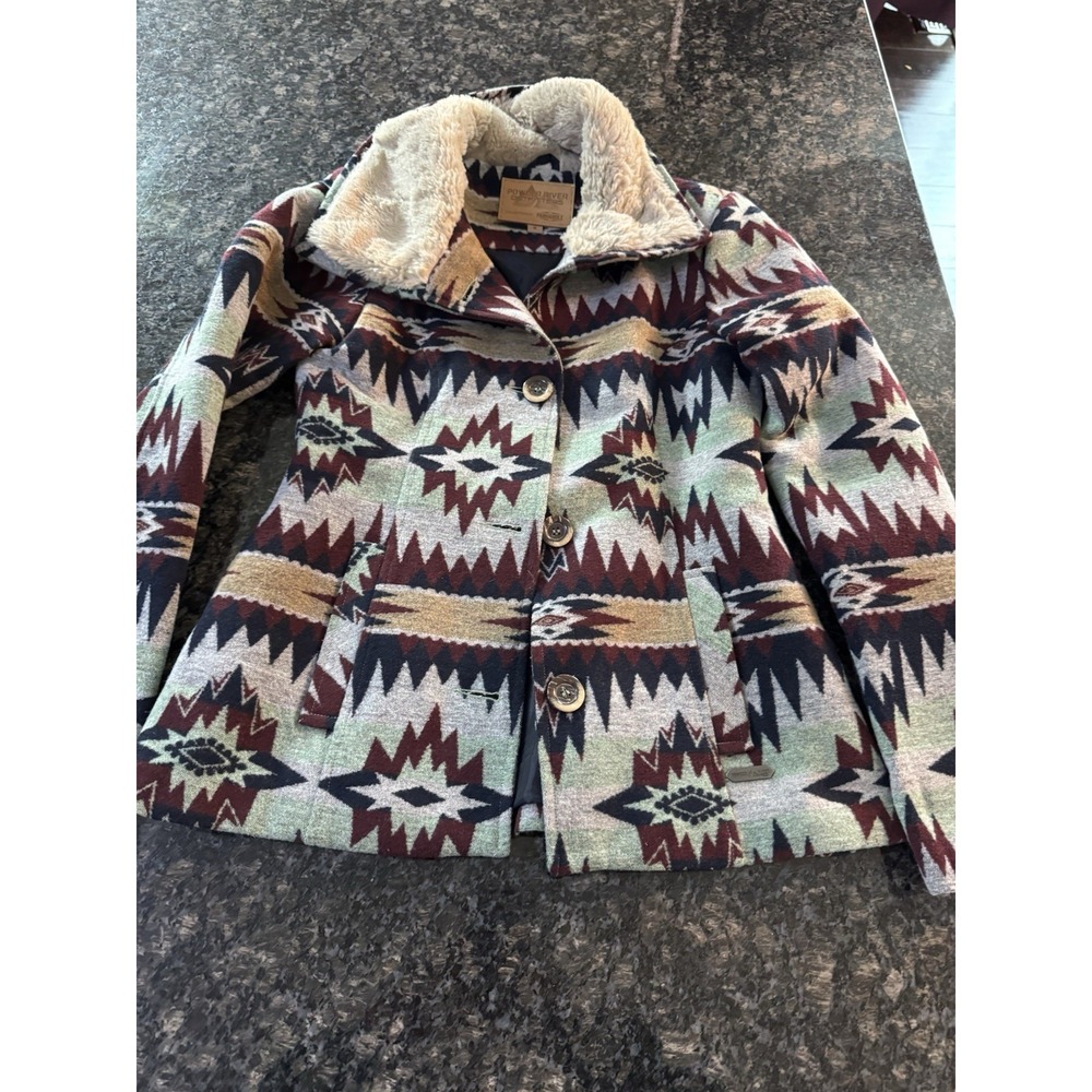 Powder‎ River Outfitters Aztec Jacquard Finge Jacket  Coat. Soft, Pockets Sz S
